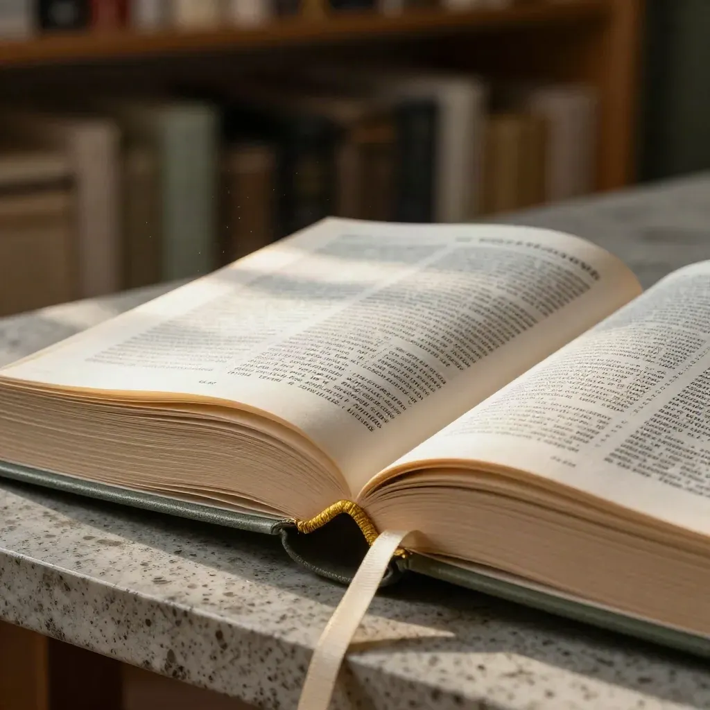Groot woordenboek op stenen sokkel met tabs, briefjes en goudrand in dramatisch licht.