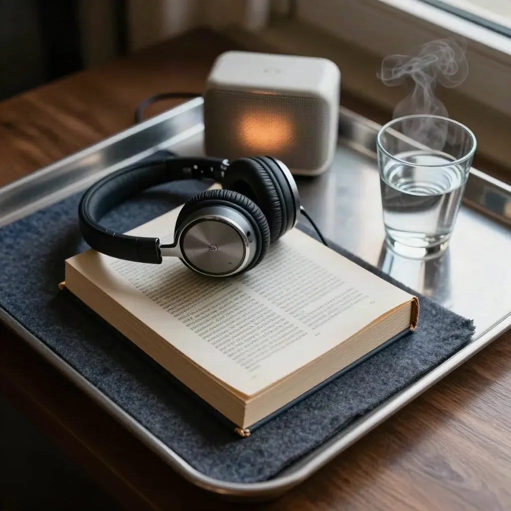 Van bovenaf een woordenboek, koptelefoon en speaker op metalen tray naast een glas water.