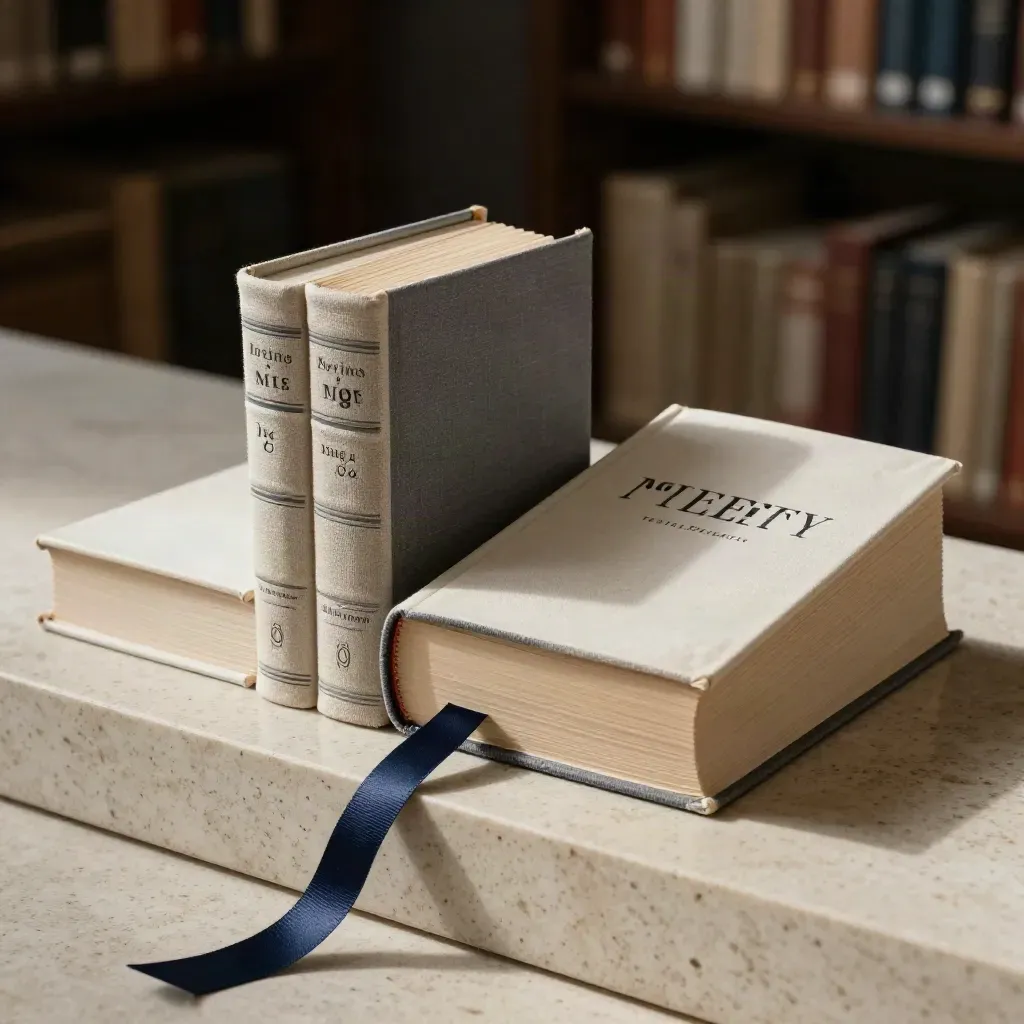 Twee naslagboeken met een navy lint en een smal boekje erachter op travertin, in dramatisch licht.