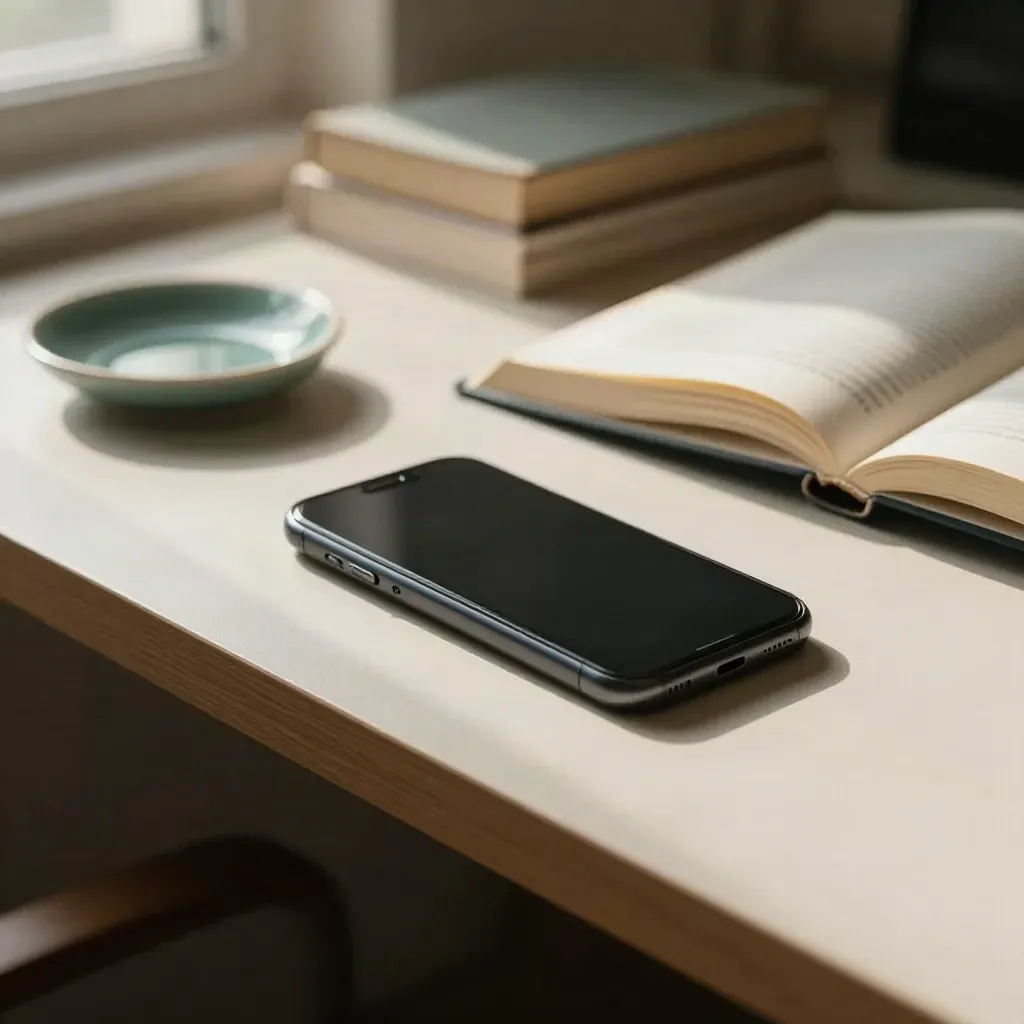 Telefoon, open woordenboek en keramisch schaaltje op een licht bureau in zacht daglicht.