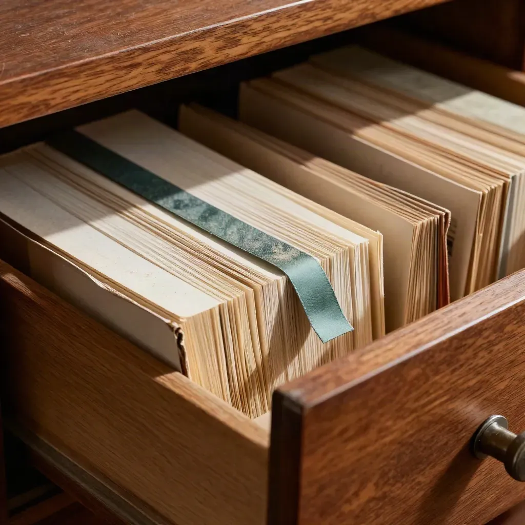 Open archieflade met oude woordenboeken, indexkaarten en een blauwgroene bladwijzer in warm licht