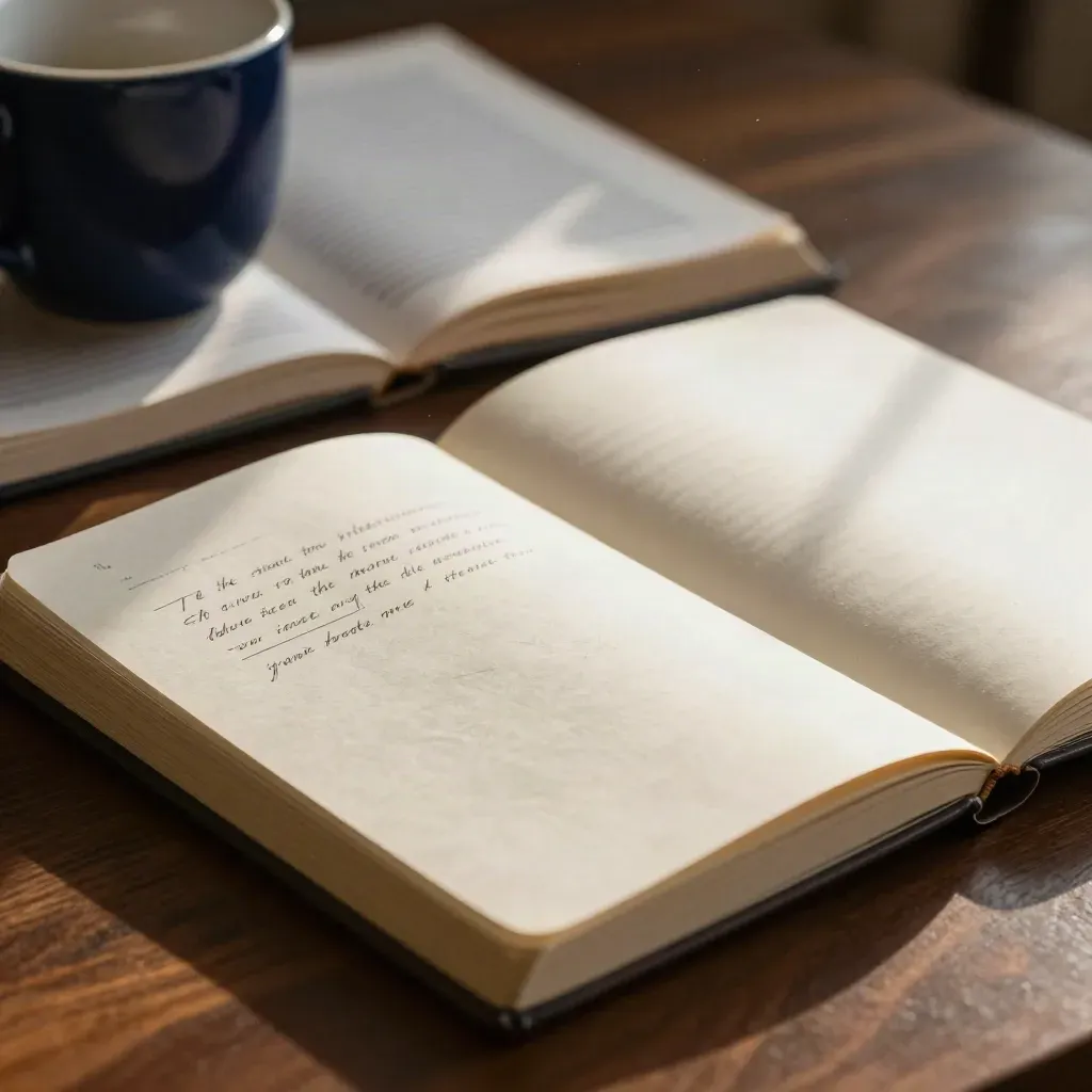 Open notitieboek, gemarkeerde naslagpagina en donkerblauwe kop op een donker houten bureau.
