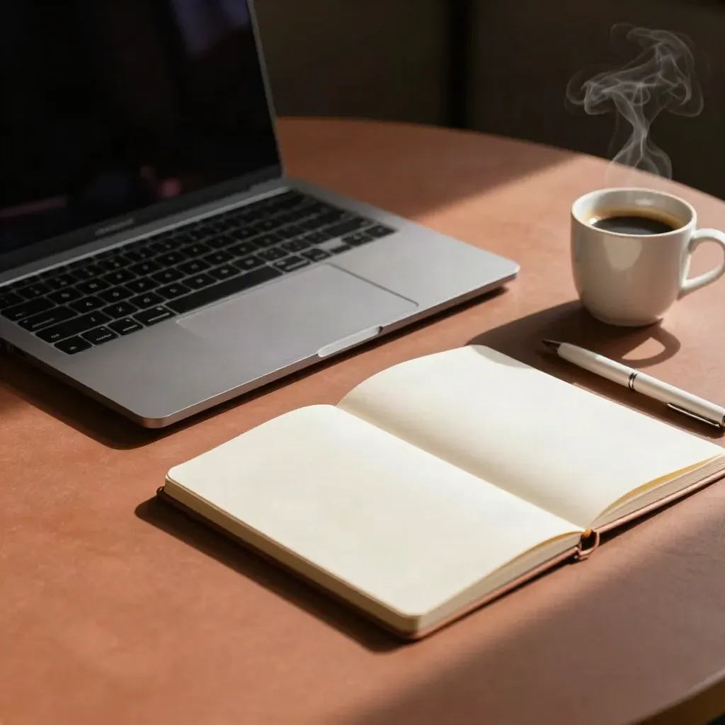 Gesloten laptop, notitieboek en pen op een bureau met lichte koffiestoom.
