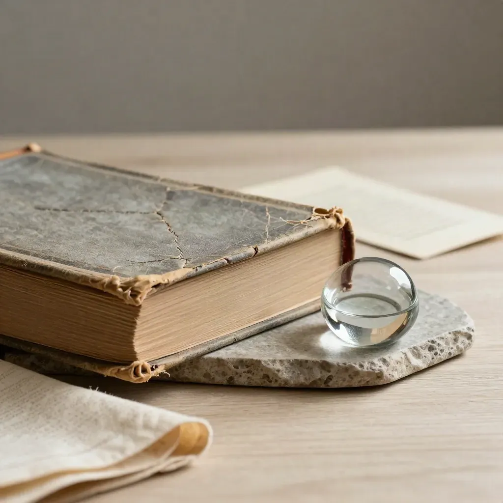 Versleten naslagboek, atlasrand en glazen presse-papier op steen, zacht verlicht.